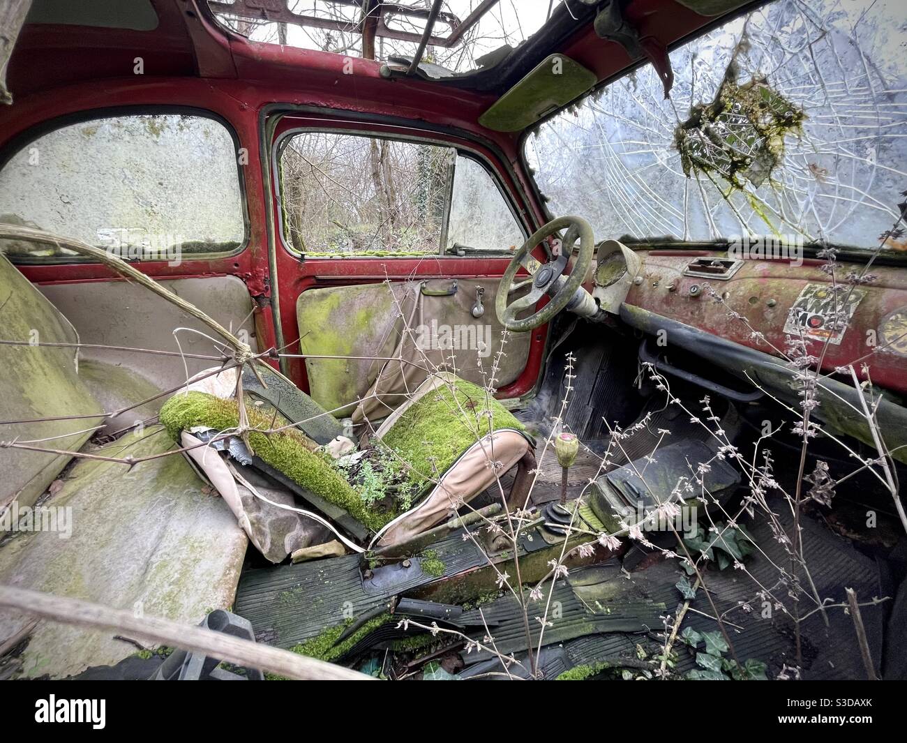 Interior of an old Fiat 500 car abandoned in a rural area in Tuscany Stock Photo