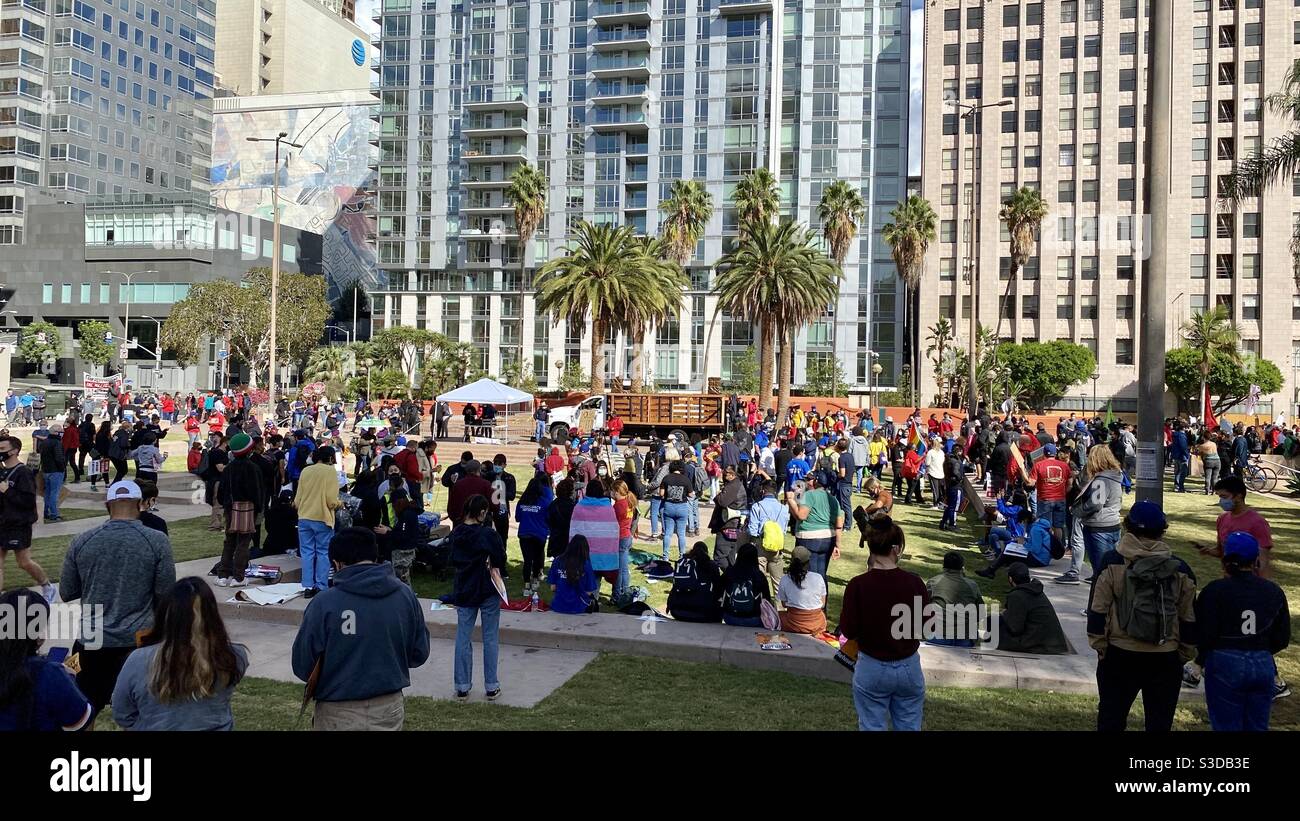 LOS ANGELES, CA, NOV 7, 2020: spontaneous celebrations with crowds gathering at Pershing Square in Downtown after announcement of Biden-Harris victory in US Presidential Election Stock Photo