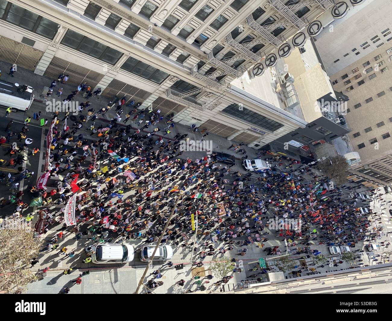 LOS ANGELES, CA, NOV 7, 2020: overhead view, spontaneous celebrations with crowds on Hill Street in Downtown after announcement of Biden-Harris victory in US Presidential Election Stock Photo