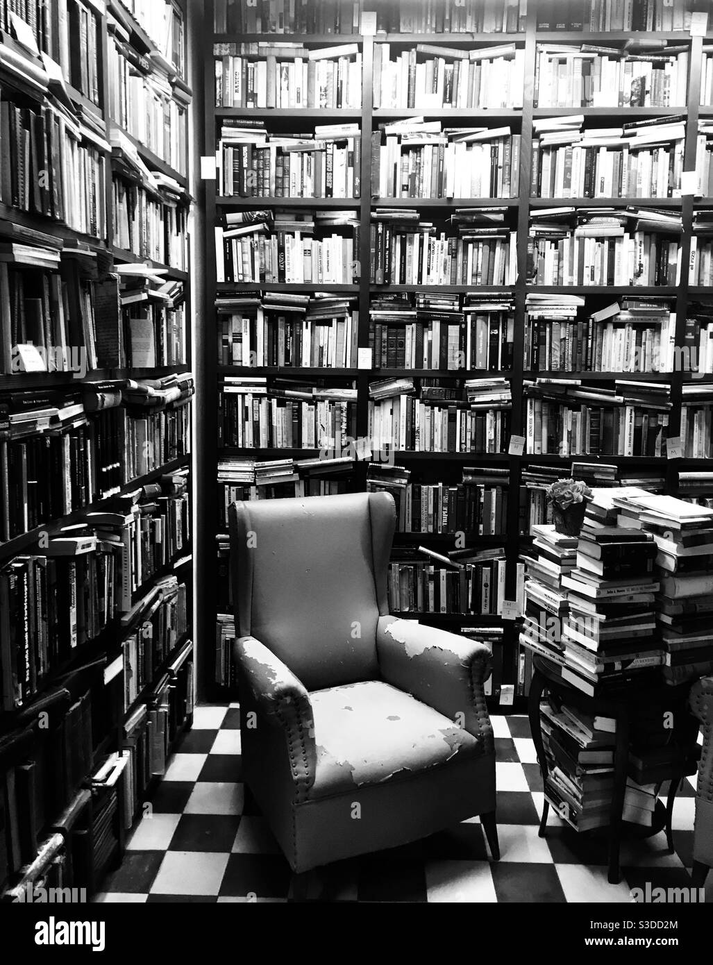 Old leather armchair in the middle of the bookshop Stock Photo