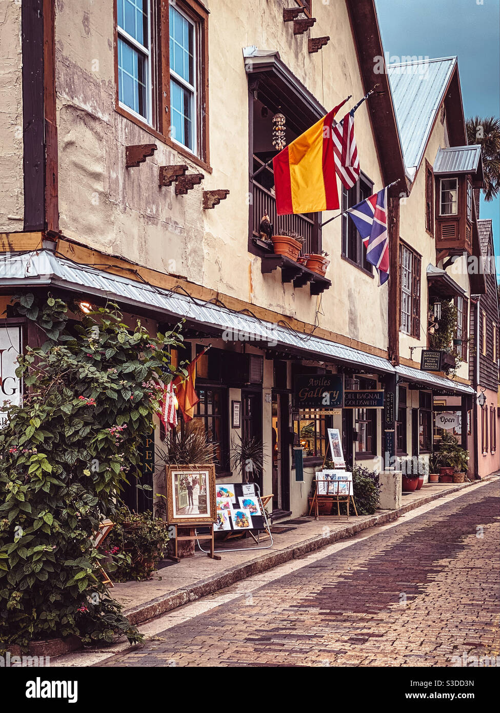 Aviles Street in St. Augustine, Florida is the oldest street in the United States, dating back to the early 1600s. It is now home to art galleries and shops. - Smartphone Captured Stock Image