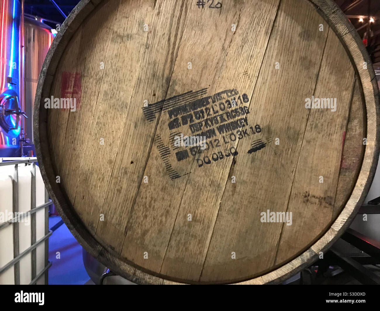 Close view of wooden bourbon barrel Stock Photo