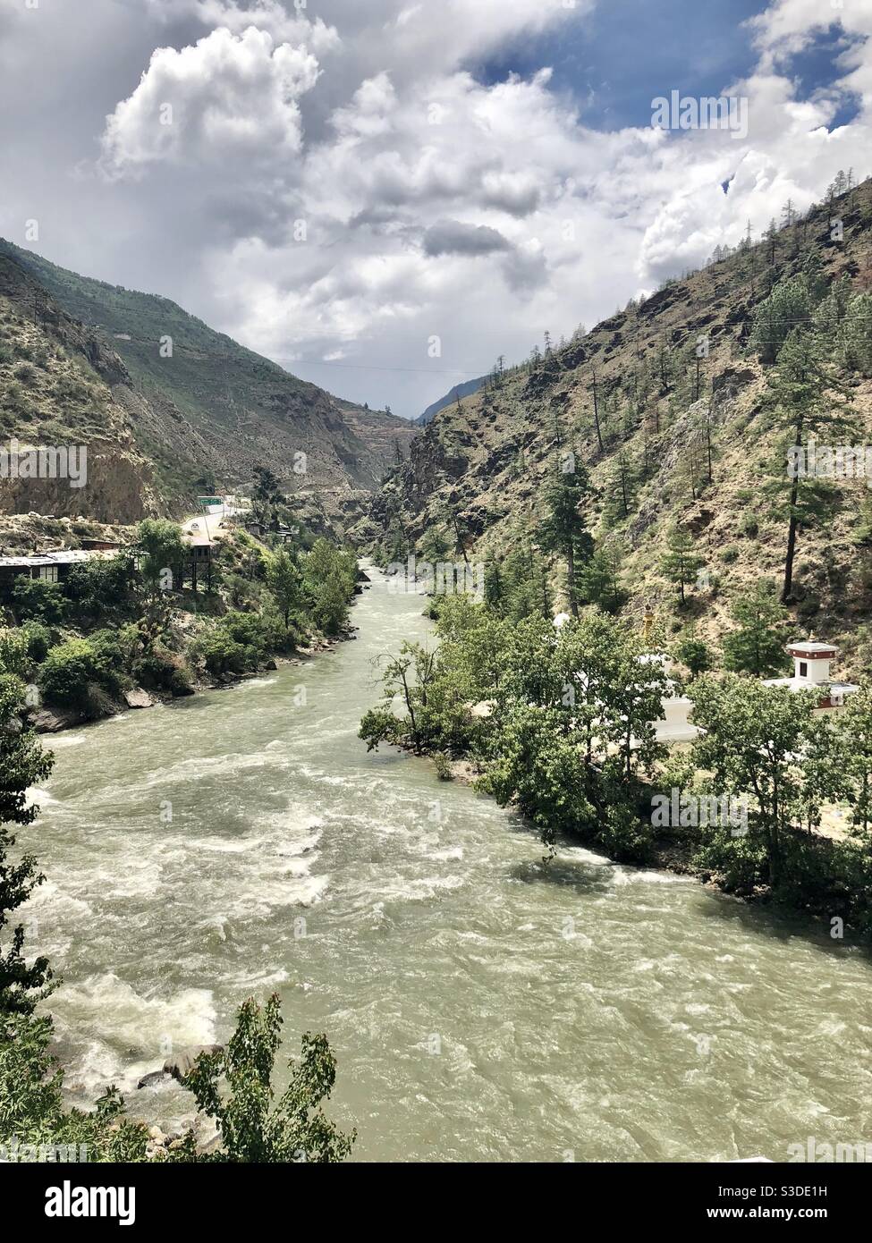 Valley landscape and river in Bhutan - Smartphone Captured Stock Image