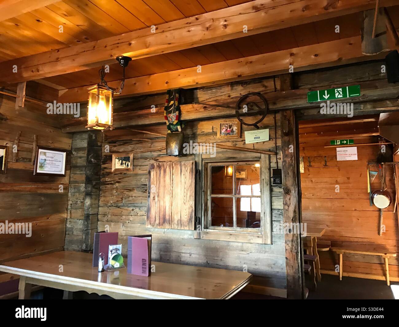 Inside a ski hut Stock Photo