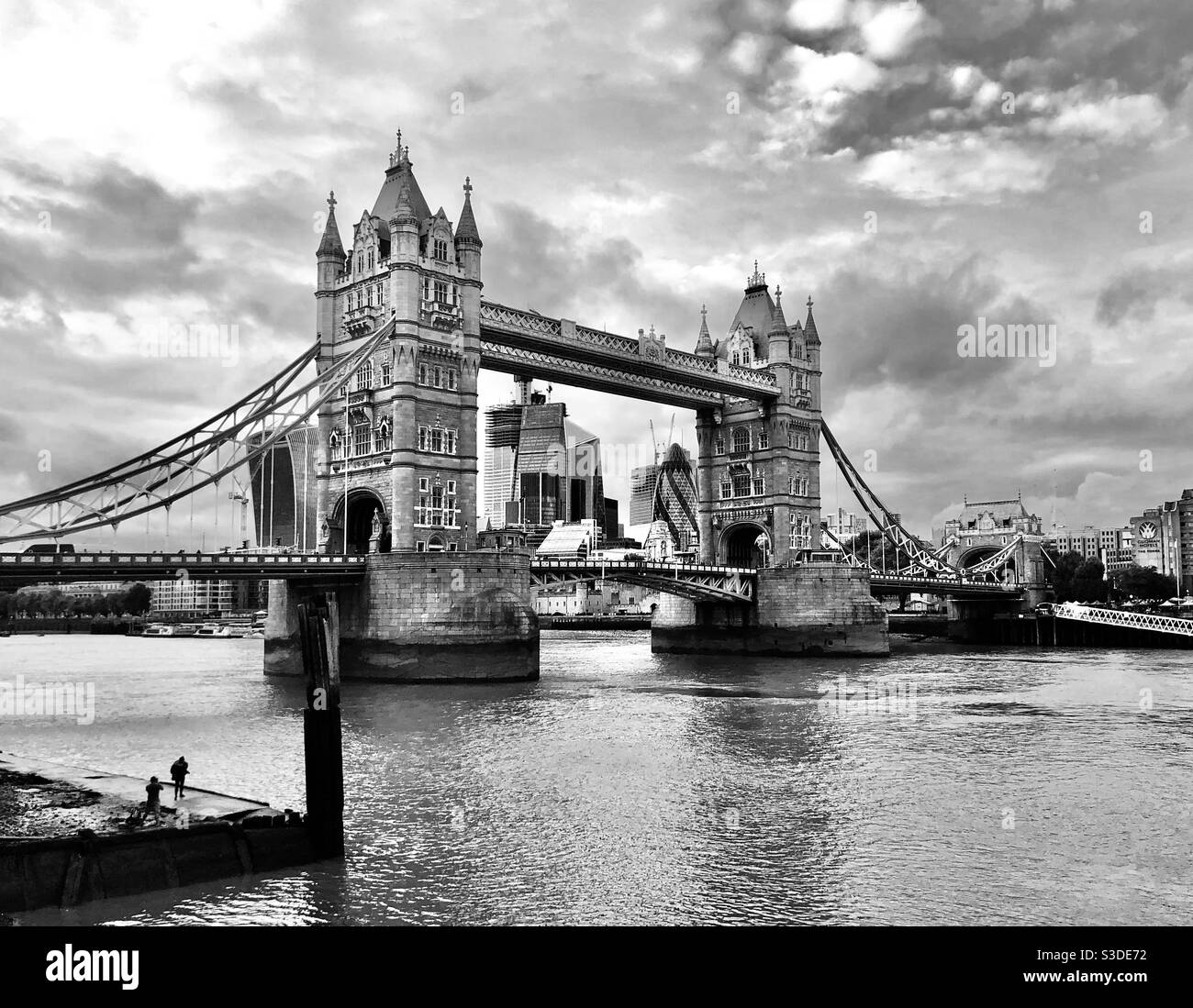 Black and white photo of the Tower Bridge over the river thames, London - Smartphone Captured Stock Image