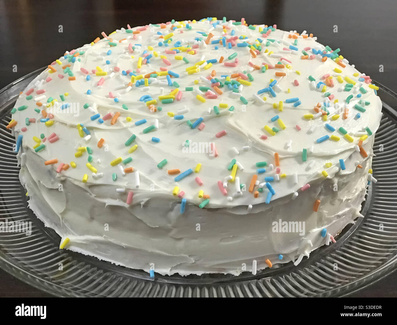 A round birthday cake with white frosting and topped with colorful sprinkles is shown up close. - Smartphone Captured Stock Image