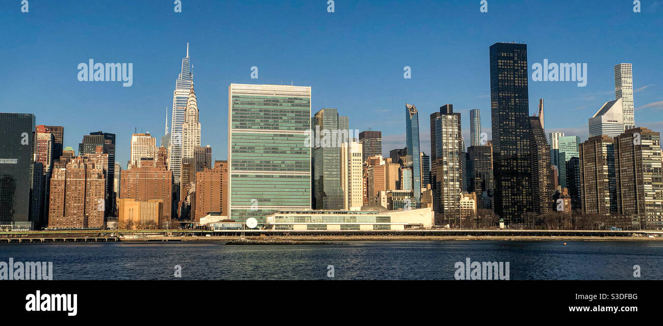 Panoramic view of East Midtown Manhattan on a sunny winter day - Smartphone Captured Stock Image