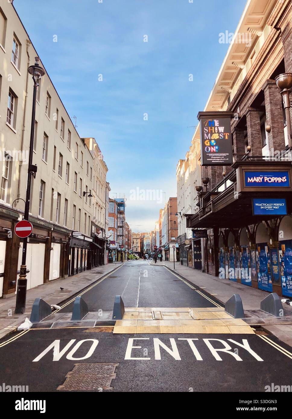 February 2021, London’s old Compton street in soho. A no entry sign and a deserted street during the covid pandemic Stock Photo