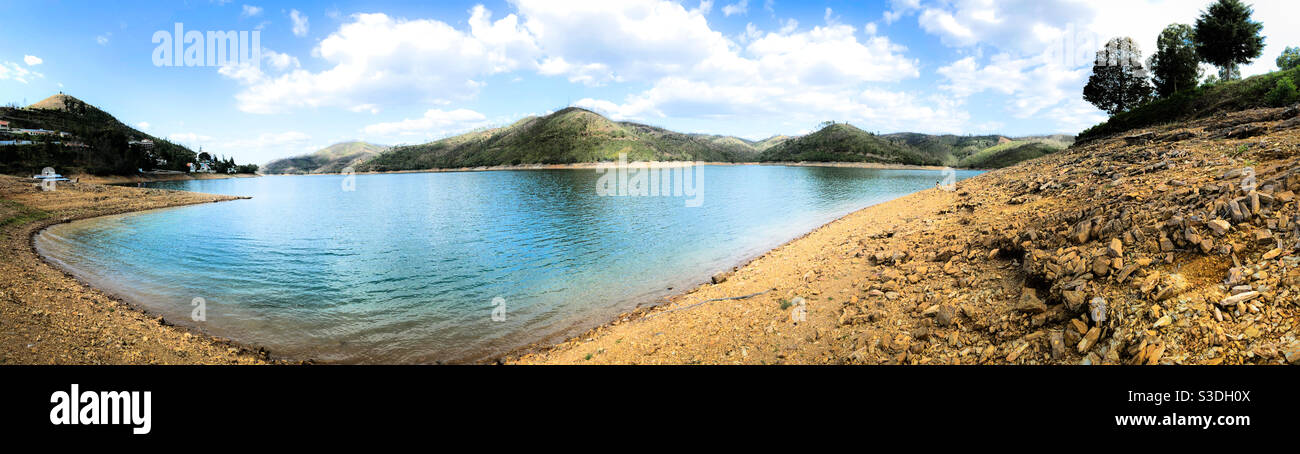 A panoramic view of a river beach, Rio Zêzere, Portugal - Smartphone Captured Stock Image