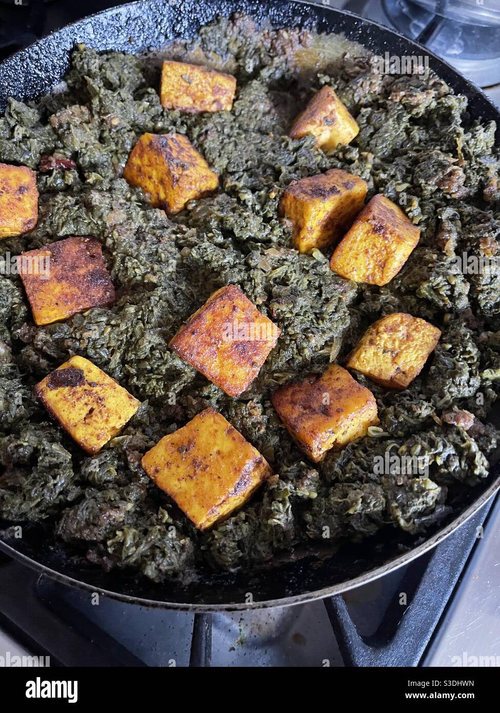 Homemade saag paneer Indian cheese and spinach vegetarian dish - Smartphone Captured Stock Image