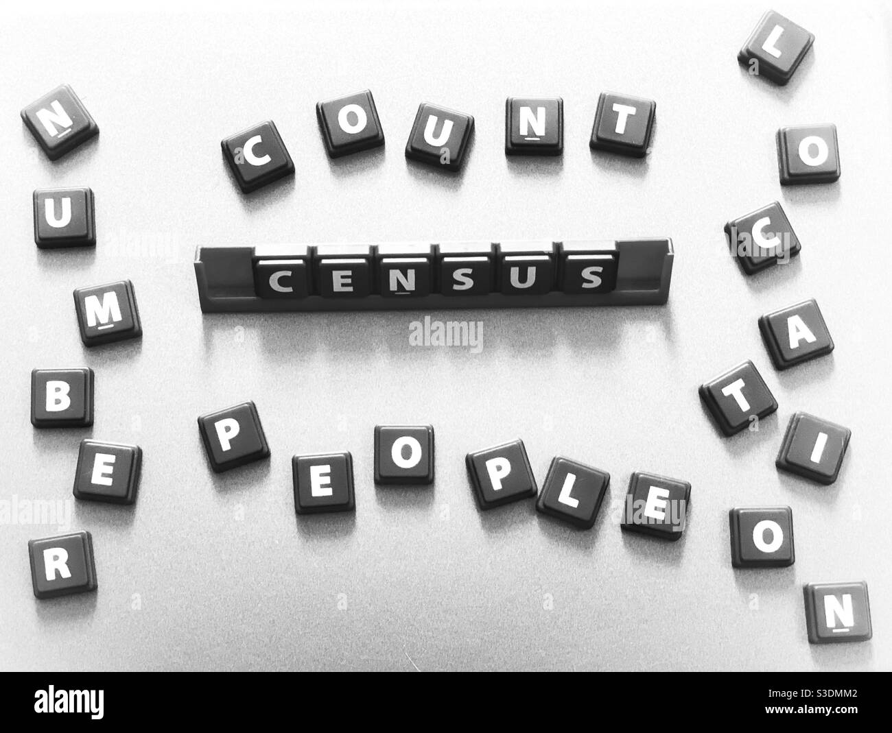 The words census, people, count, number, location spelt out using tiles - Smartphone Captured Stock Image