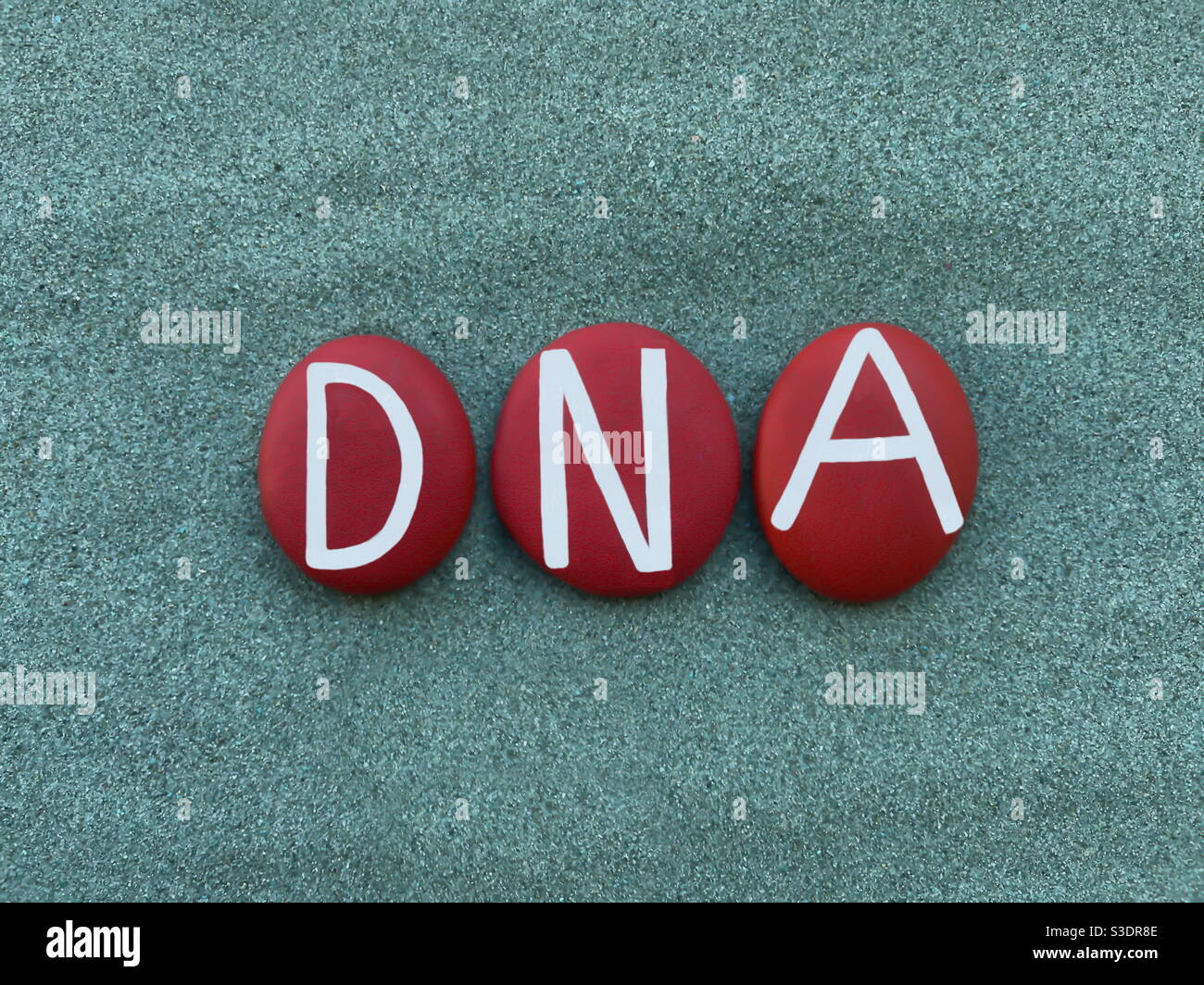 DNA, Deoxyribonucleic acid, creative text composed with multi colored stone letters over green sand - Smartphone Captured Stock Image