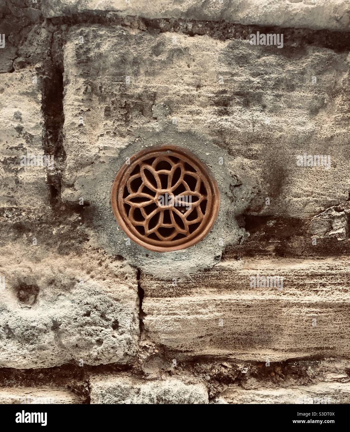 Red rosette in the center of old city wall - Smartphone Captured Stock Image