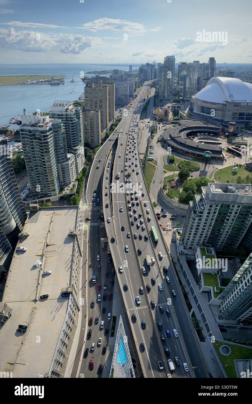 An elevated aerial view of the Gardener Expressway in downtown Toronto. Stock Photo