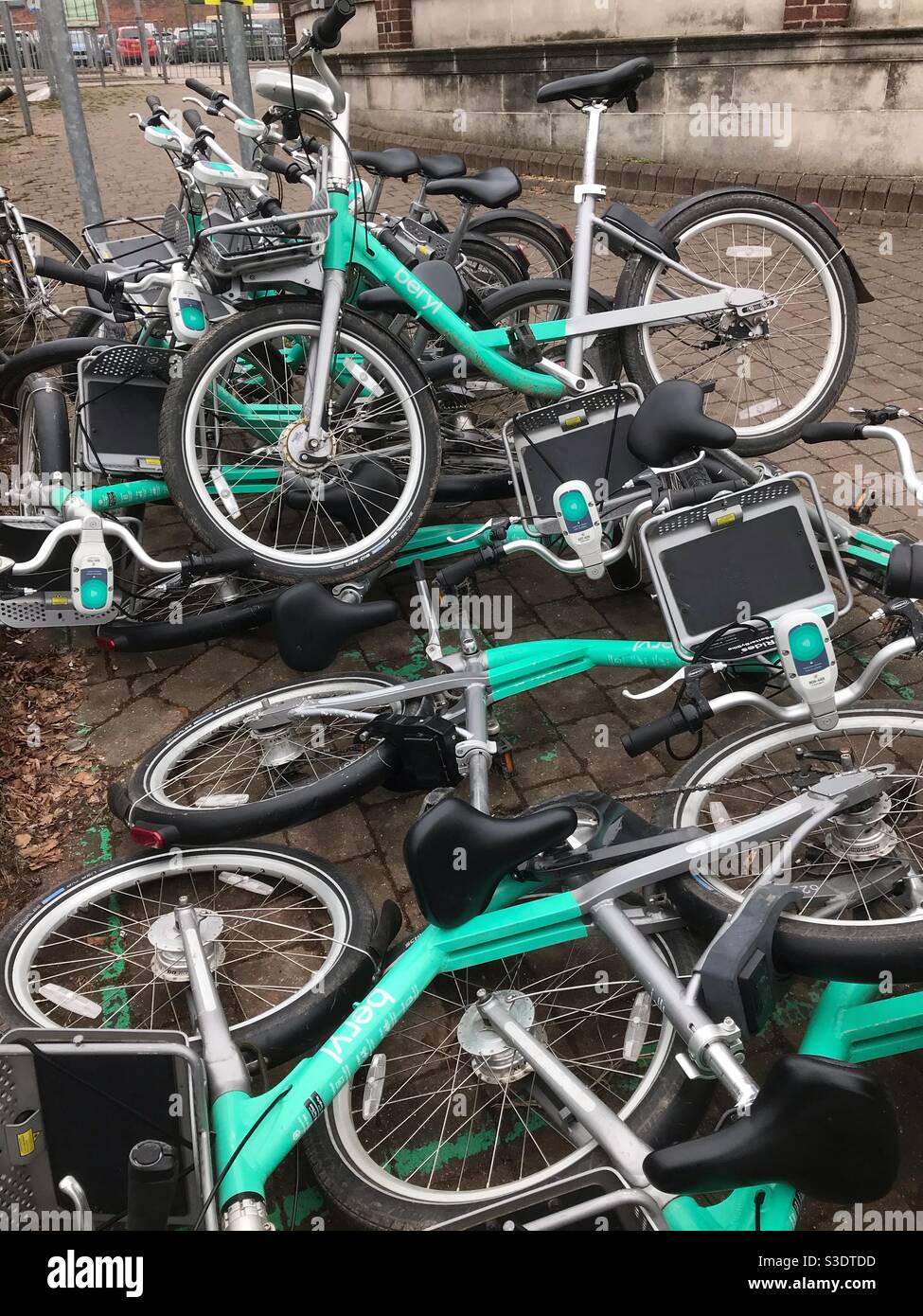 Bike share scheme bicycles parked in a heap in Hereford UK - Smartphone Captured Stock Image
