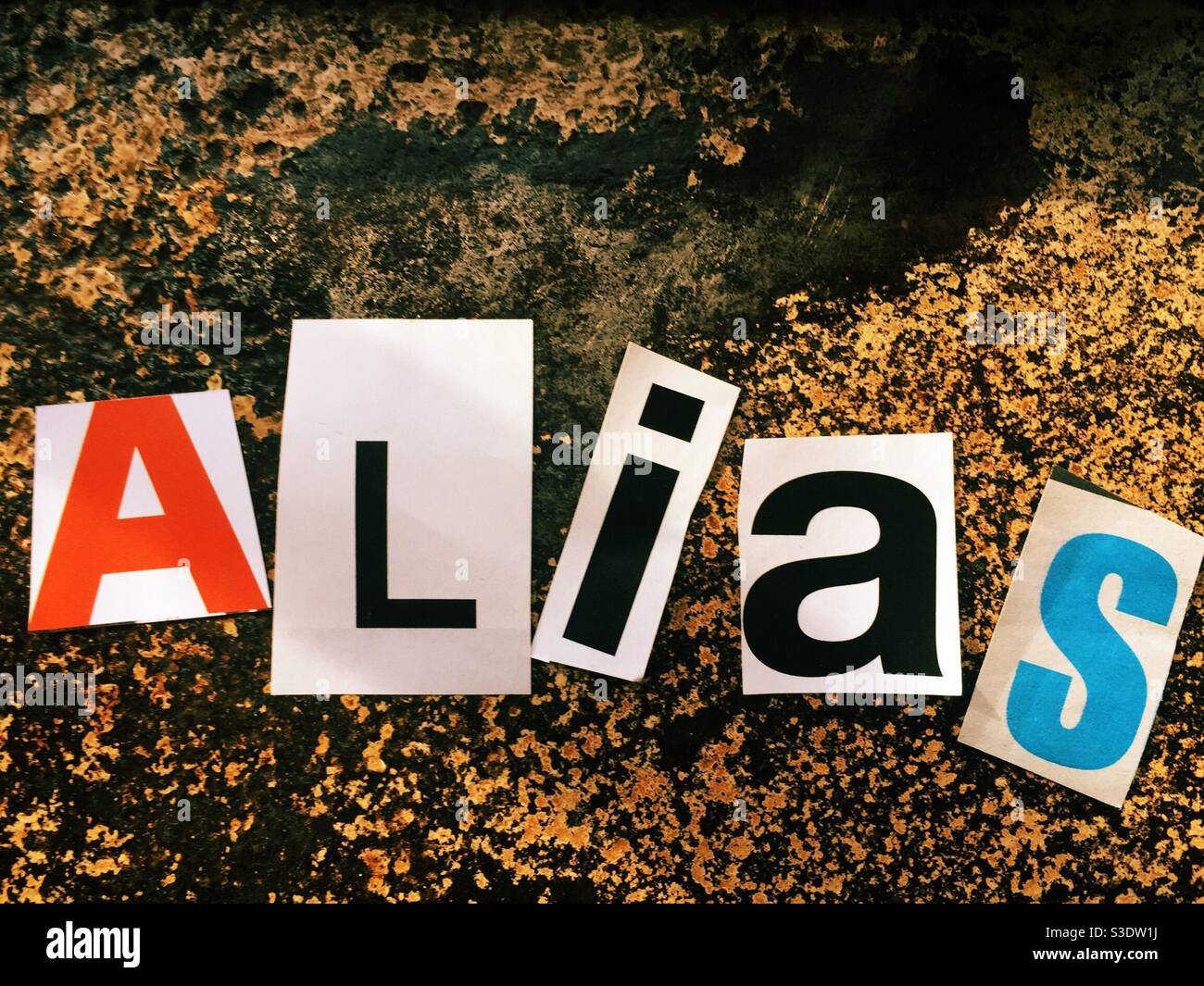 Ransom note style spelling out the word alias with cut out letters, USA - Smartphone Captured Stock Image