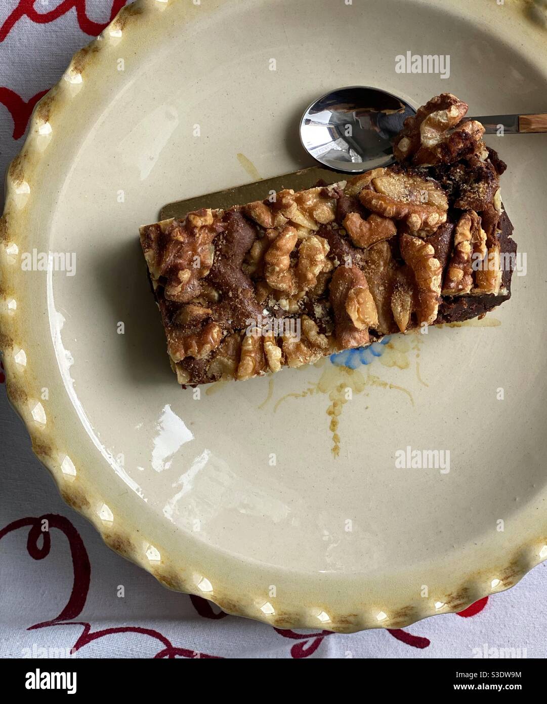 Brownie with walnuts on a vintage plate Stock Photo
