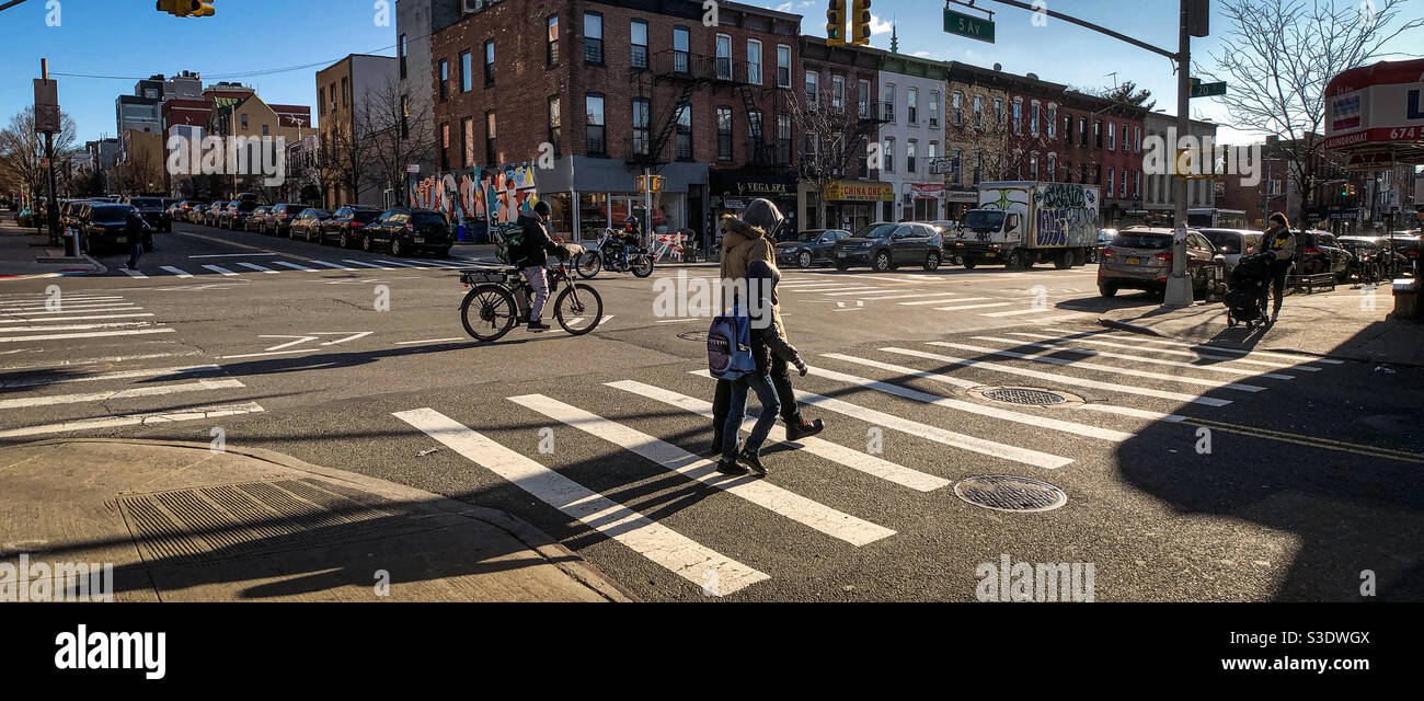 Crossing of 5th Avenue and 20th street in South Park Slope, Brooklyn, New York Stock Photo