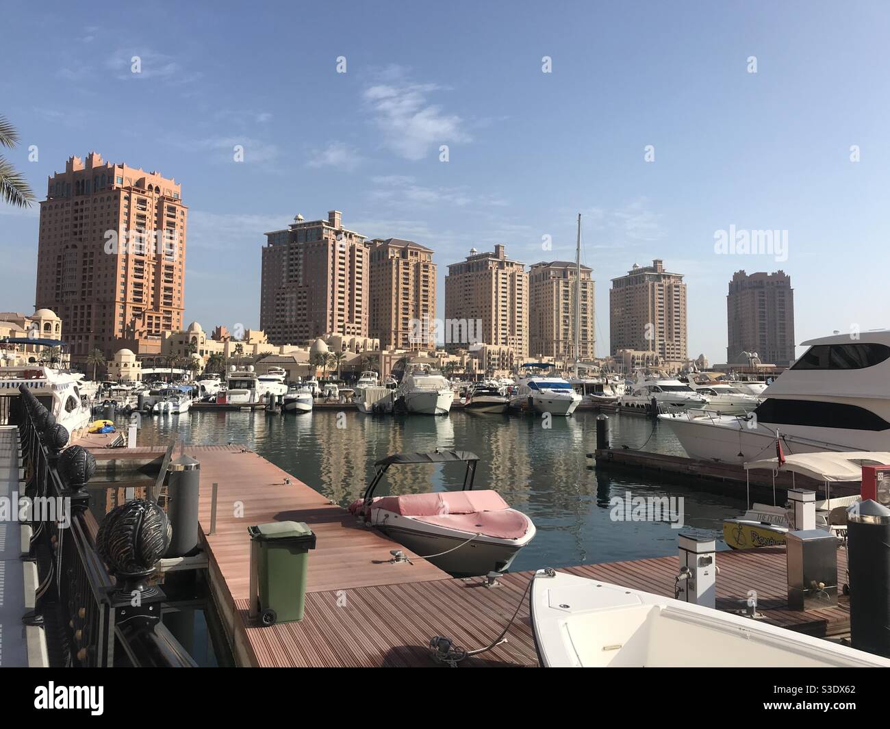 View of Porto Arabia on the artificial island of The Pearl in Doha, Qatar - Smartphone Captured Stock Image