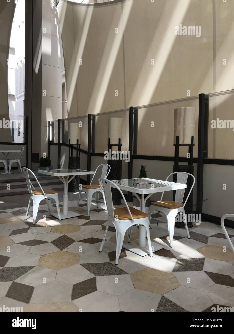 Outdoor terrace of a cafe in downtown Doha, Qatar - Smartphone Captured Stock Image