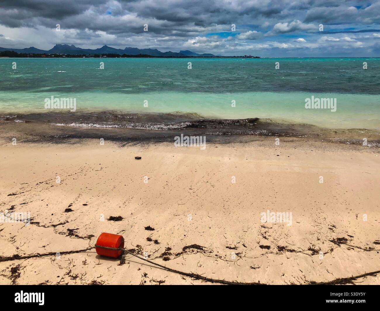 Beach in Mont Choisy with red buoy and seaweed brought by the storm, Mauritius. - Smartphone Captured Stock Image