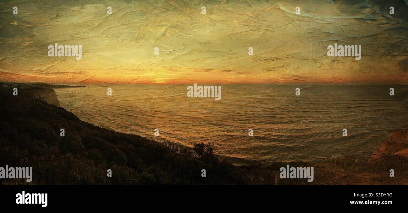 Sunrise over the Southern Ocean from Jan Juc lookout, Torquay, Great Ocean Road, Australia - Smartphone Captured Stock Image