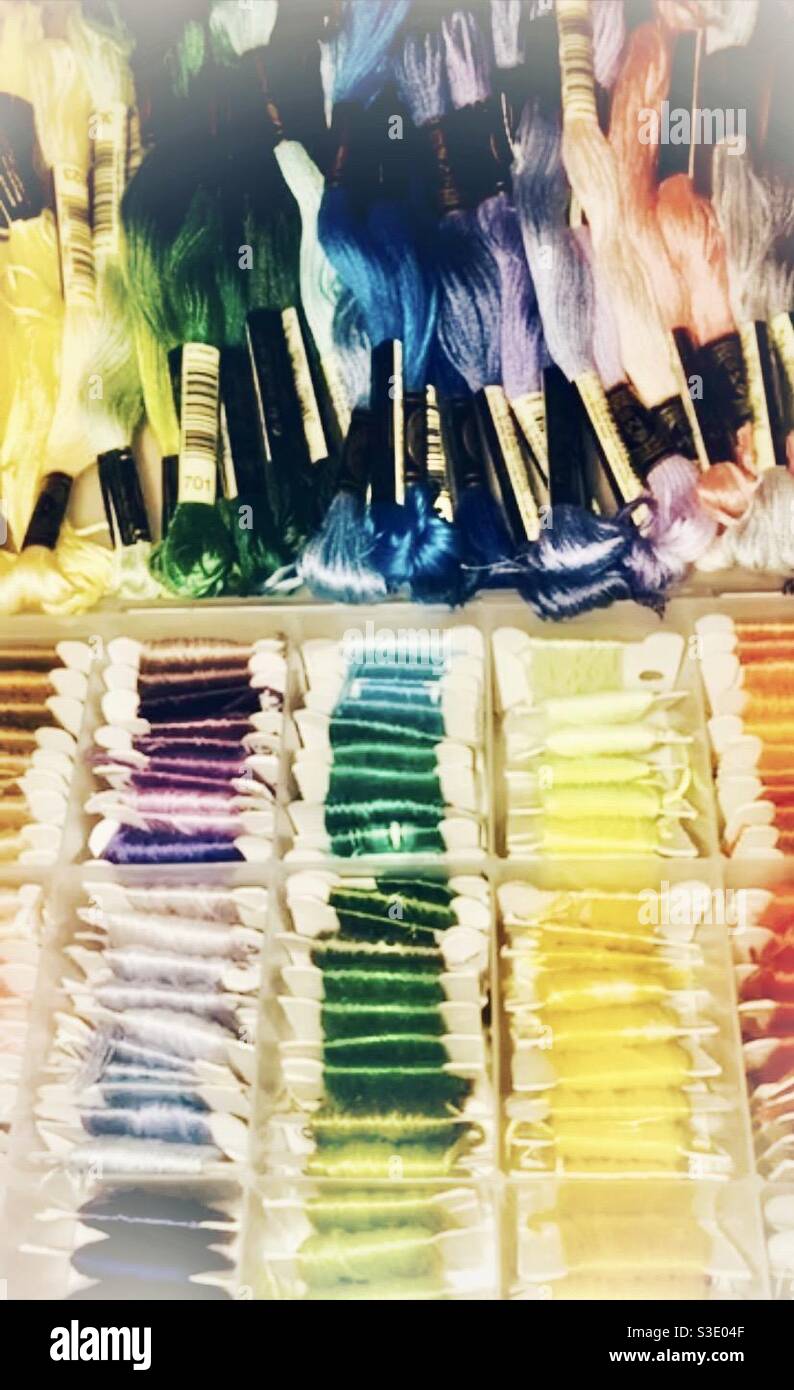Thread and yarn of a variety of colors Stock Photo