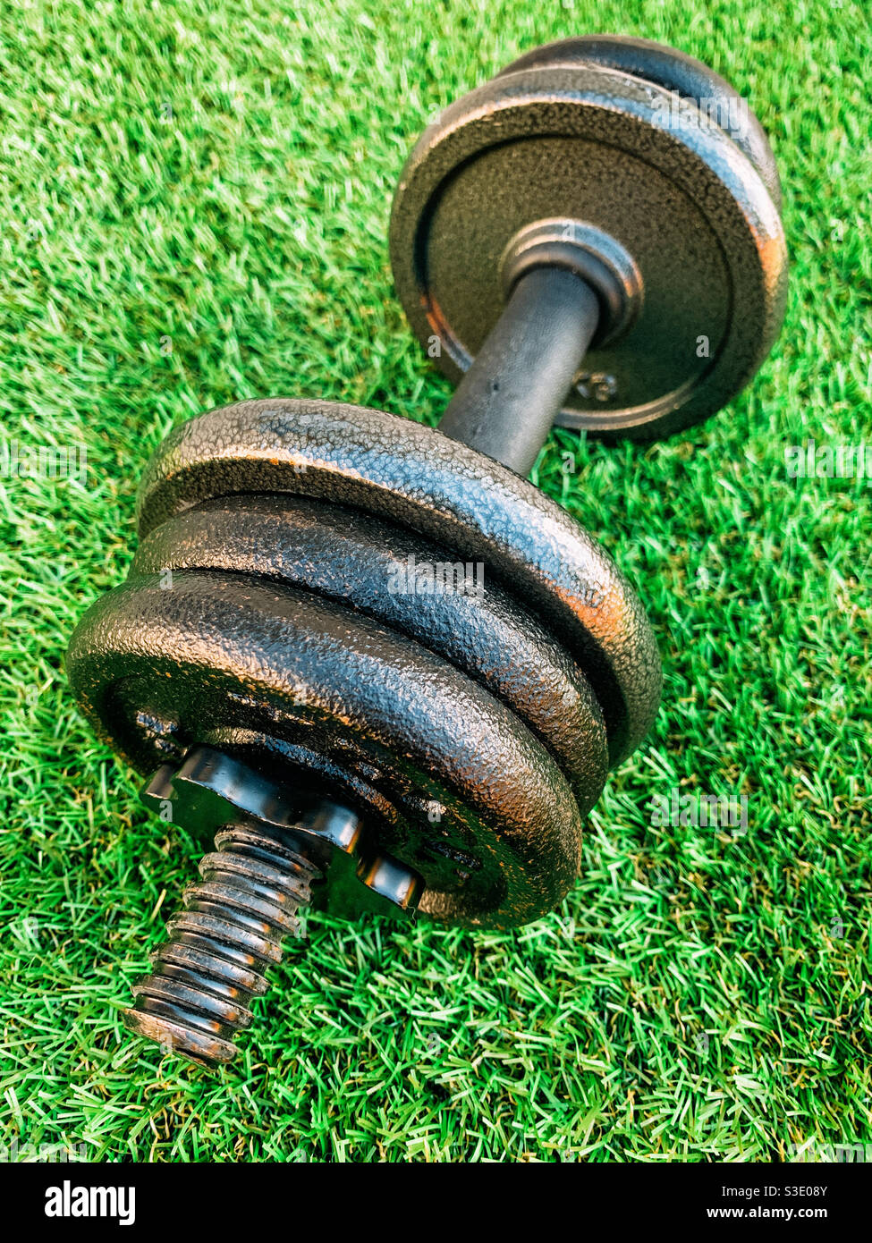 Dumbbells on artificial grass - Smartphone Captured Stock Image