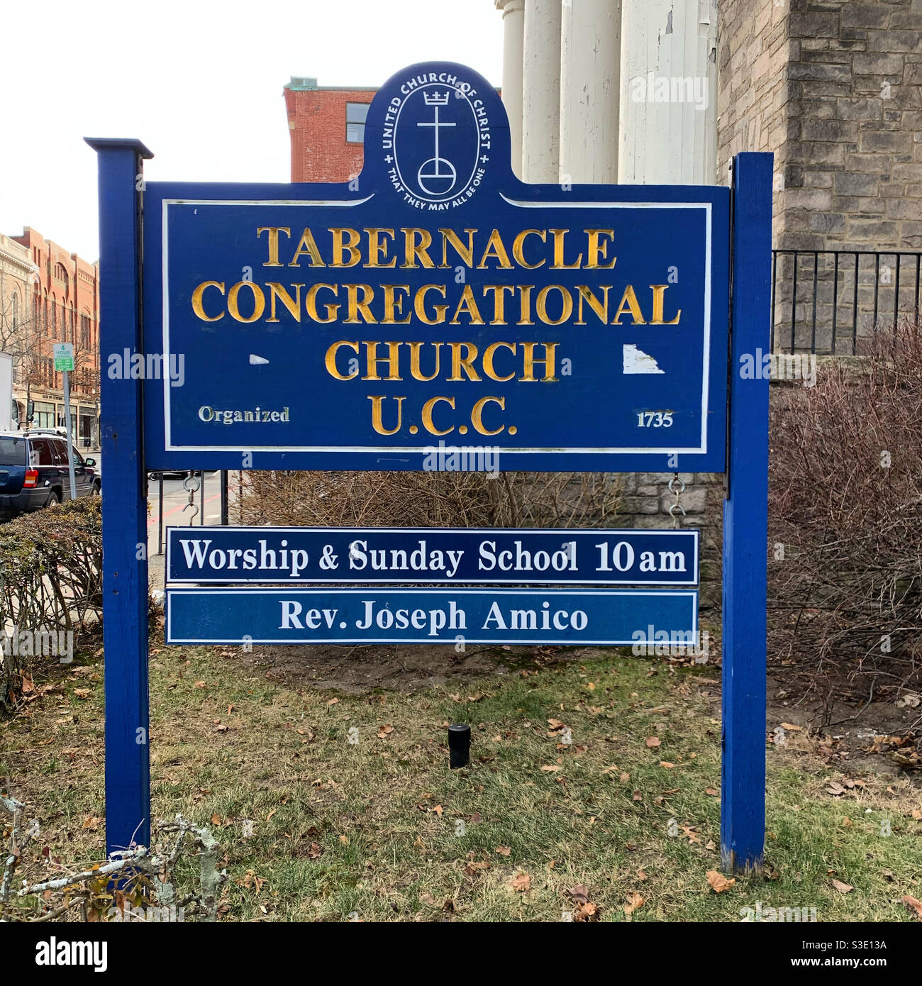 Sign, Tabernacle Congregational Church, Salem, Essex County, Massachusetts, United States - Smartphone Captured Stock Image