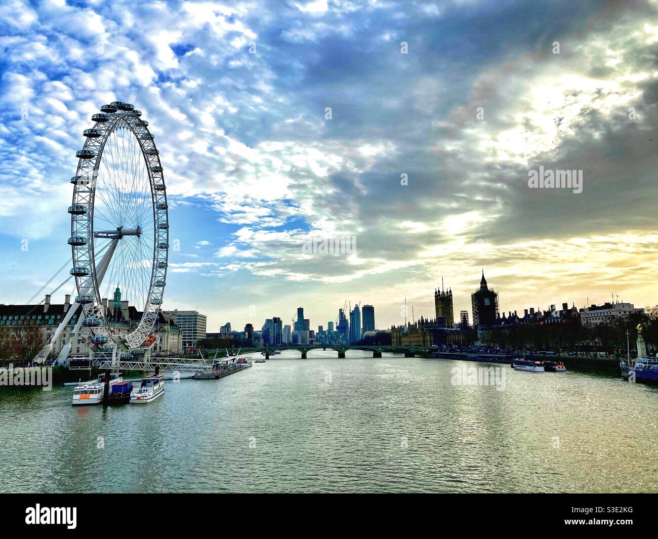 View of River Thames from Golden Jubilee Bridge to Westminster Bridge Stock Photo