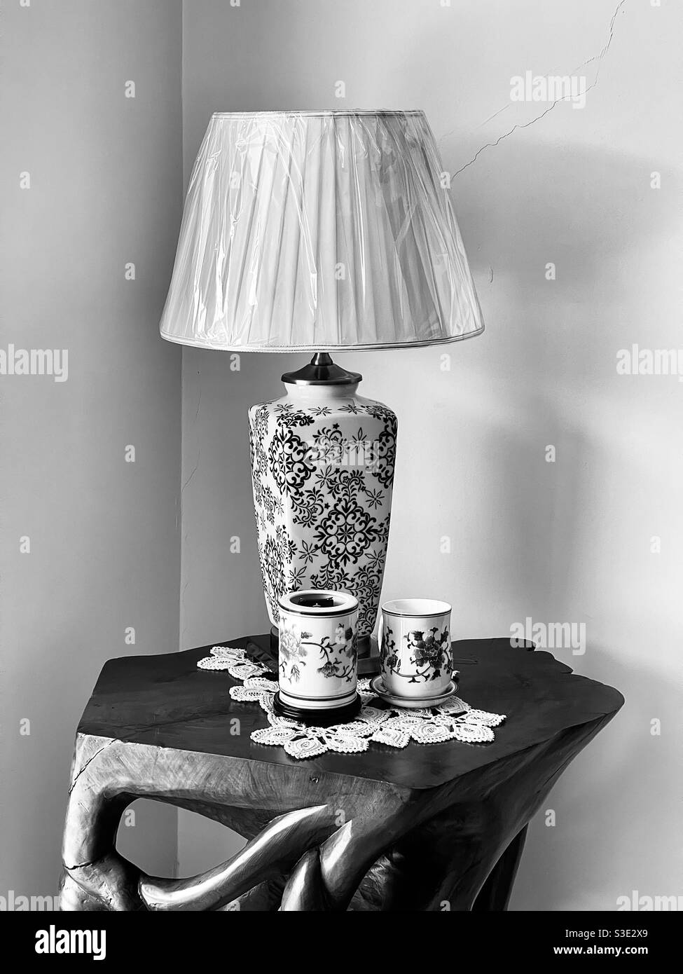 Home decoration- Table lamp on a drift wood Stock Photo