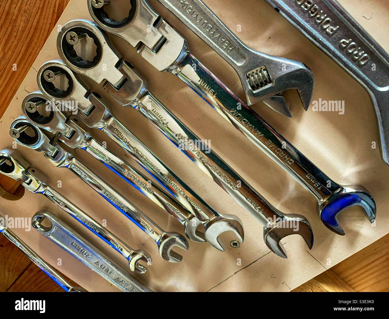 Row of spanners organized in workshop - Smartphone Captured Stock Image