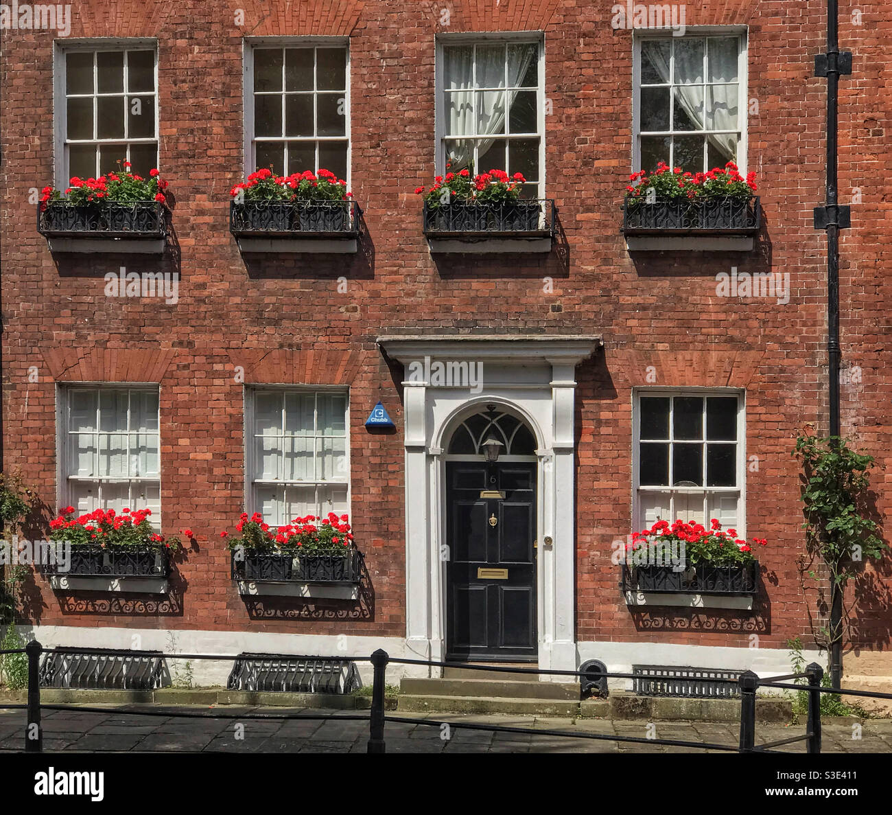Red flowers in window boxes, on an old Georgian period house. In Worcester, Worcestershire, England. - Smartphone Captured Stock Image