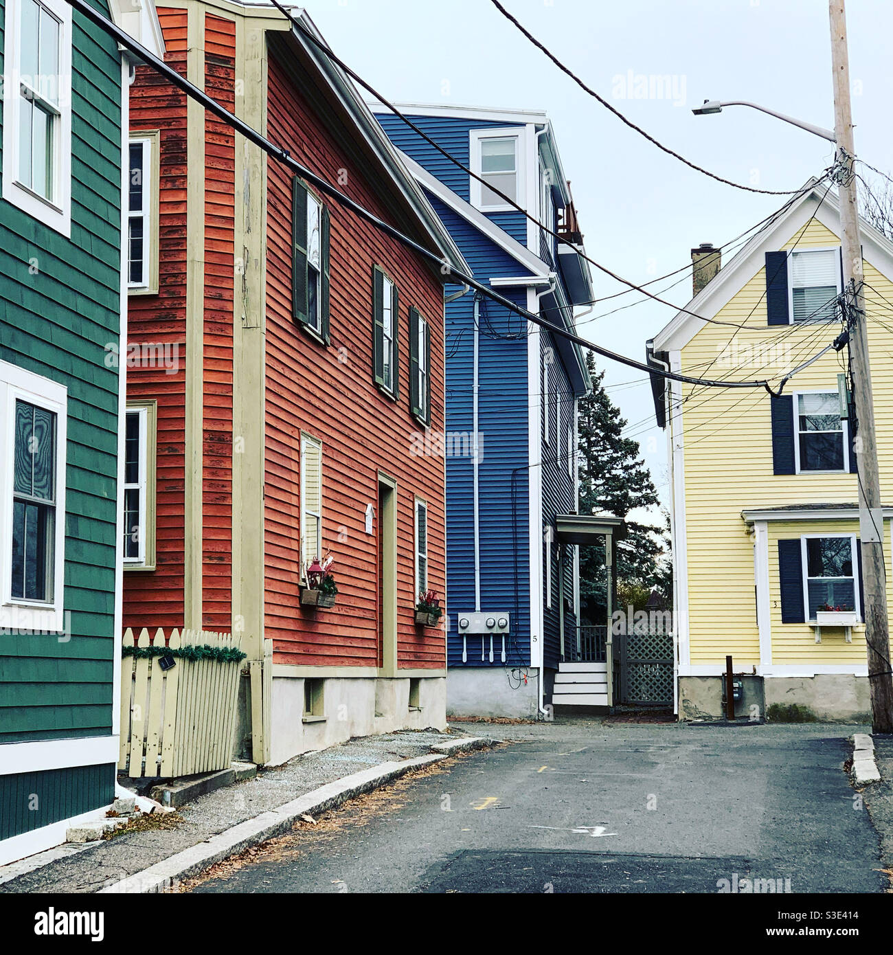 December, 2020, colorful houses, Salem, Massachusetts, United States - Smartphone Captured Stock Image