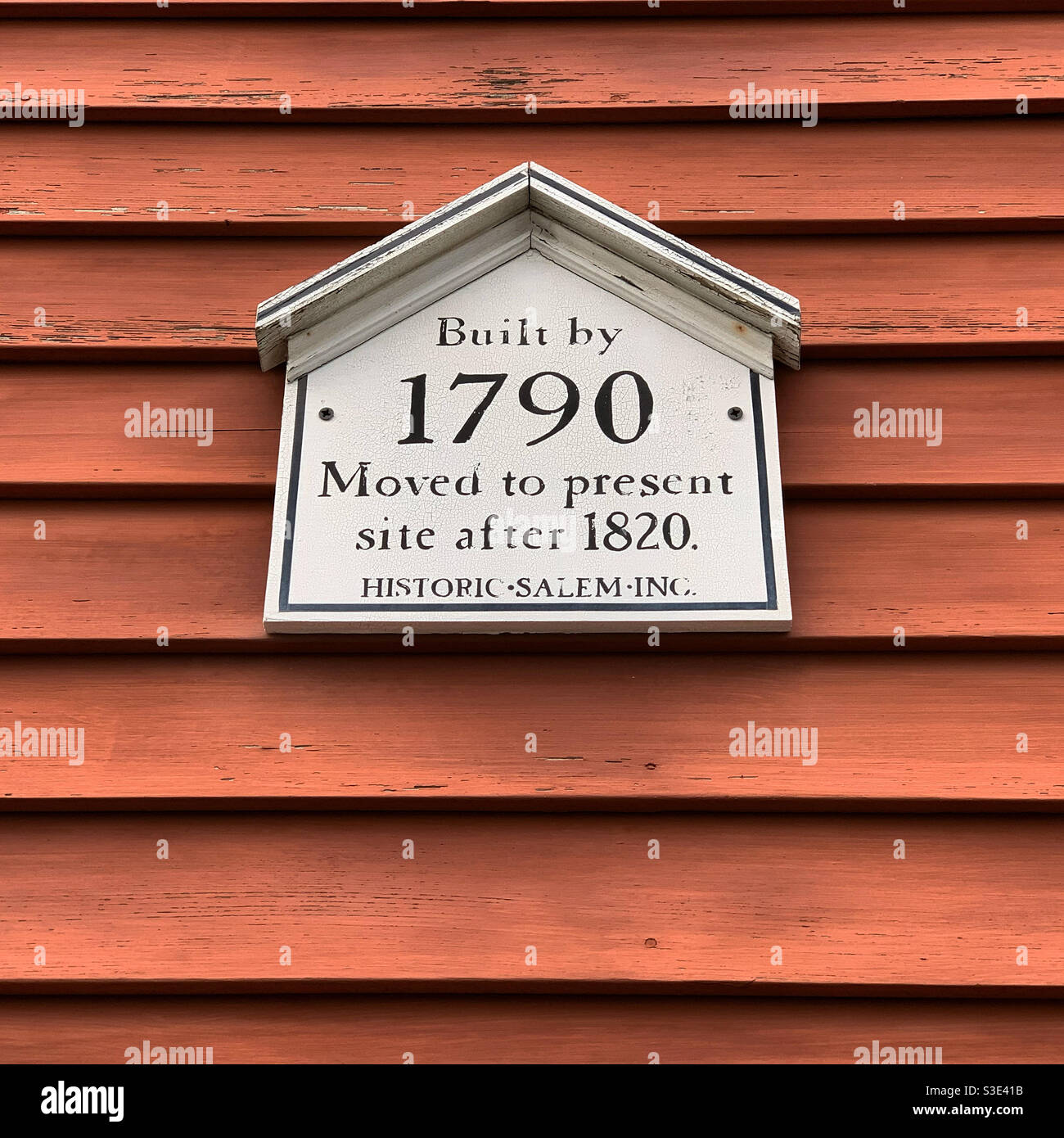 Sig reading “Built by 1790. Moved to present site after 1820. Historic Salem Inc.” Salem, Massachusetts, United States. - Smartphone Captured Stock Image