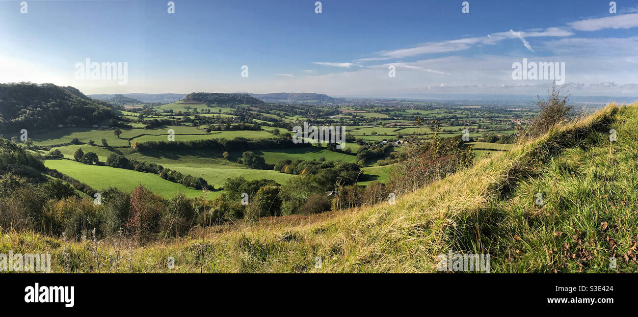 Panoramic view from Coaley Peak in the Cotswolds, near Stroud, Gloucestershire, England. - Smartphone Captured Stock Image