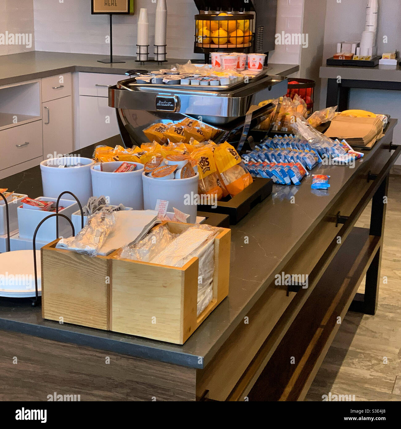 December, 2020, breakfast at the Hampton Inn Salem Boston, Salem, Massachusetts, United States - Smartphone Captured Stock Image