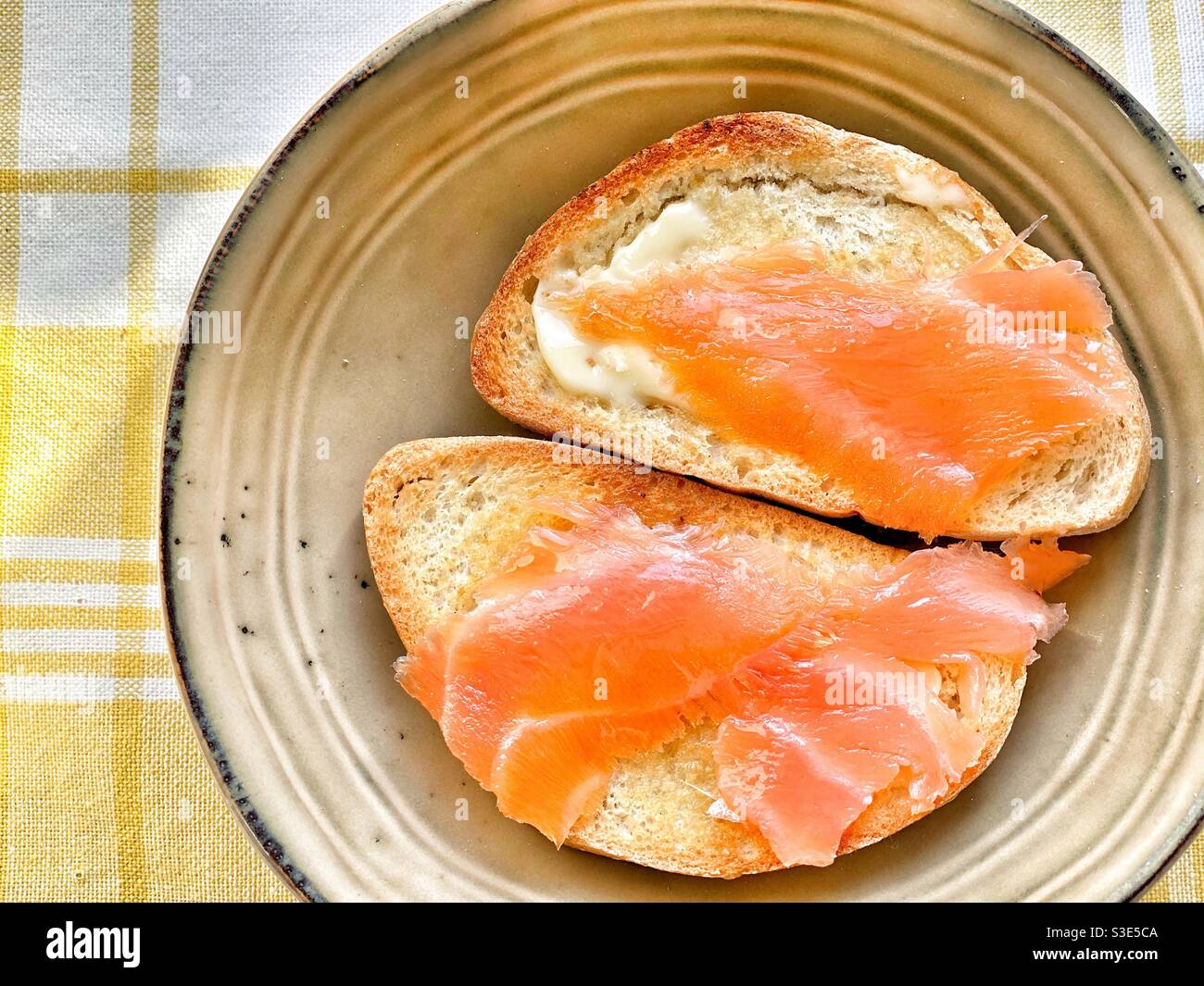 Kamut bread toast with salmon Stock Photo