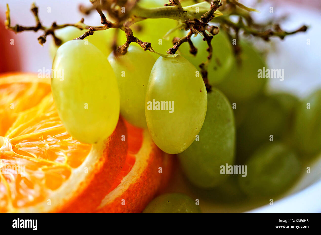 White grapes and orange circles in the foreground - Smartphone Captured Stock Image