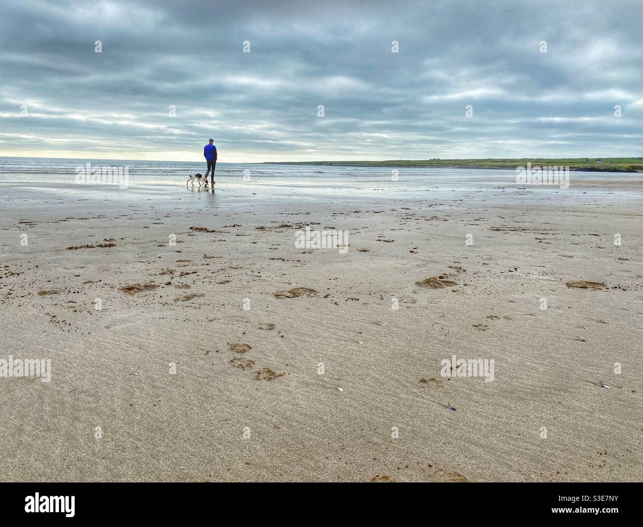 Man and dig walking on empty Aberffraw beach on March in afternoon, Anglesey, North Wales, UK - Smartphone Captured Stock Image