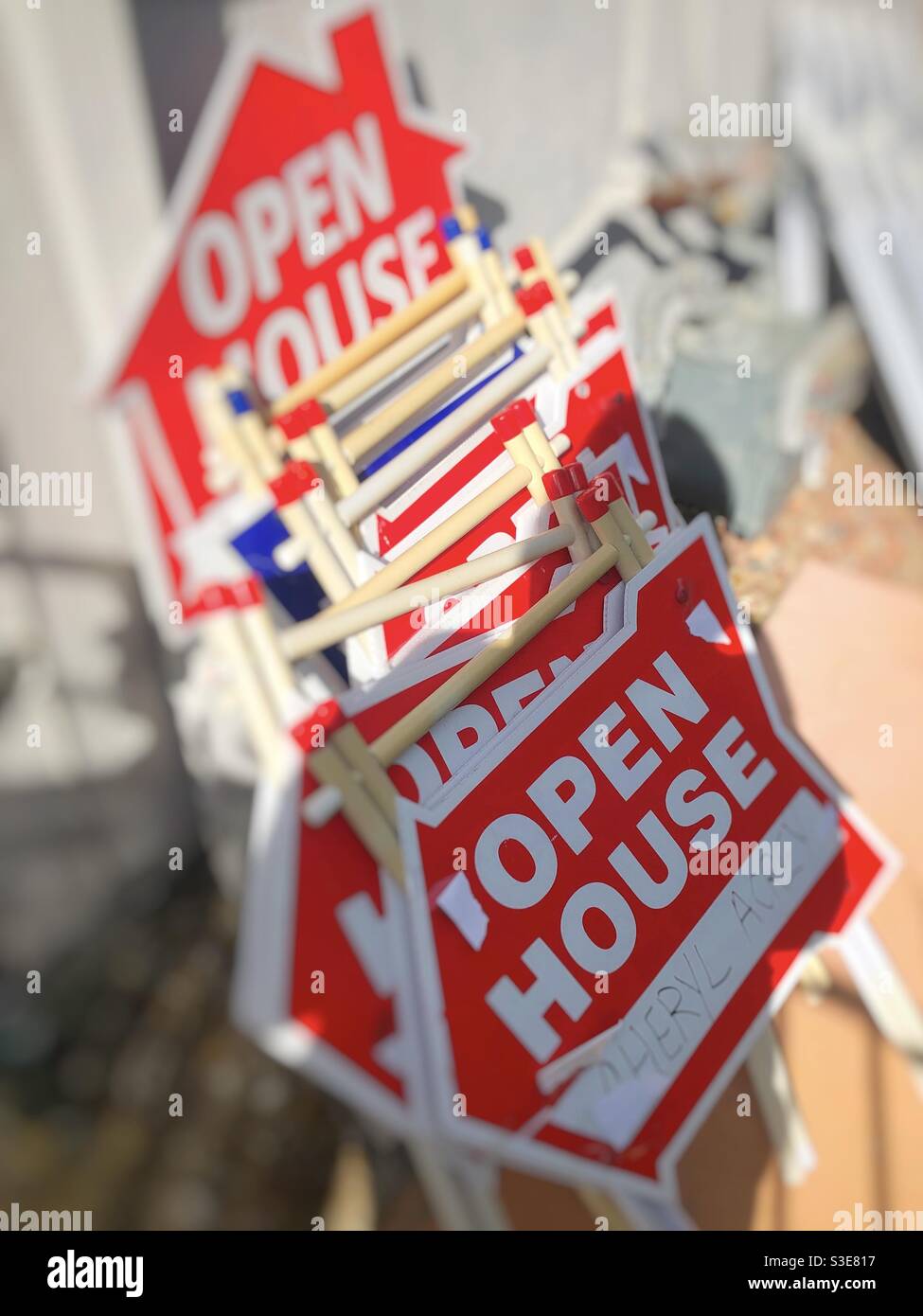 Stack of open house signs Stock Photo