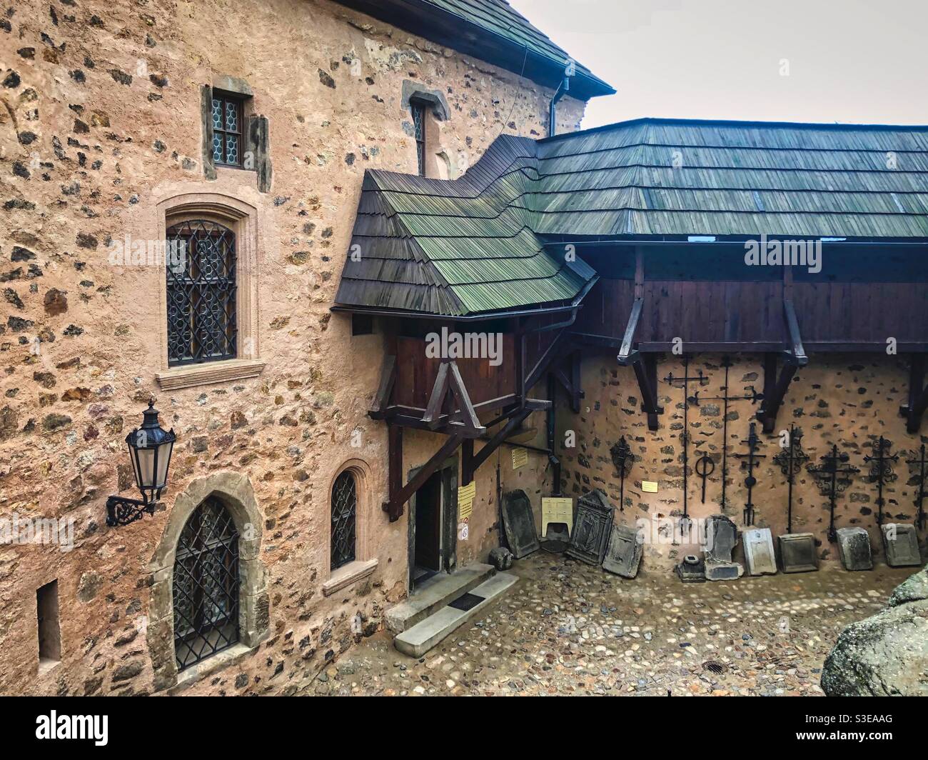 Entrance area to the medieval Loket Castle museum, Czech Republic. - Smartphone Captured Stock Image