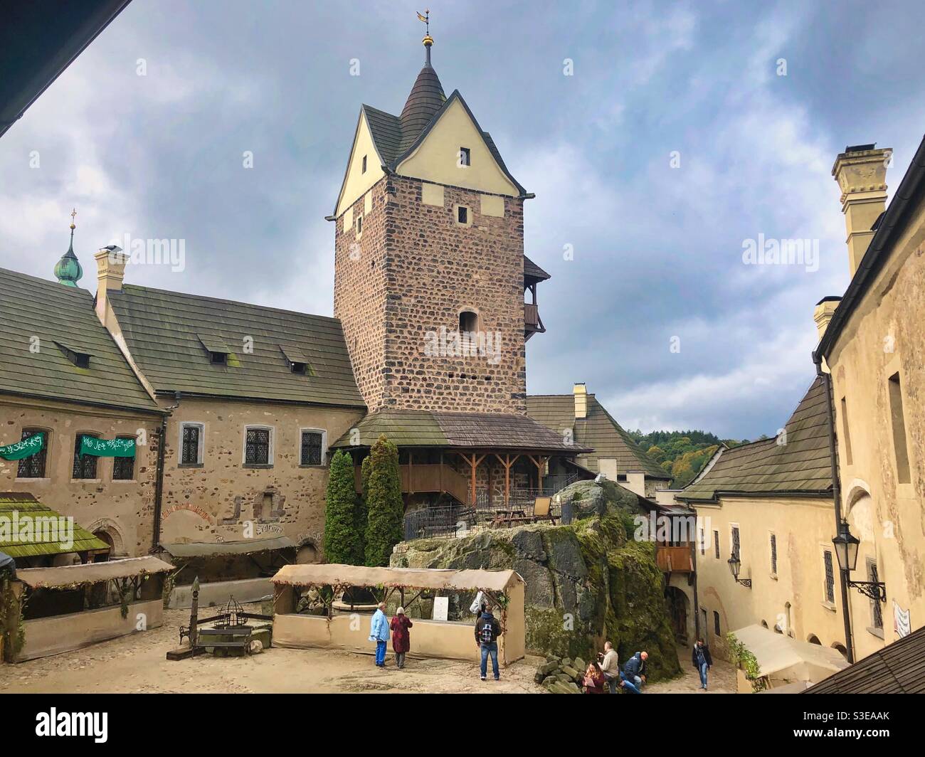 Courtyard inside of the medieval Loket Castle area, Czech Republic. - Smartphone Captured Stock Image