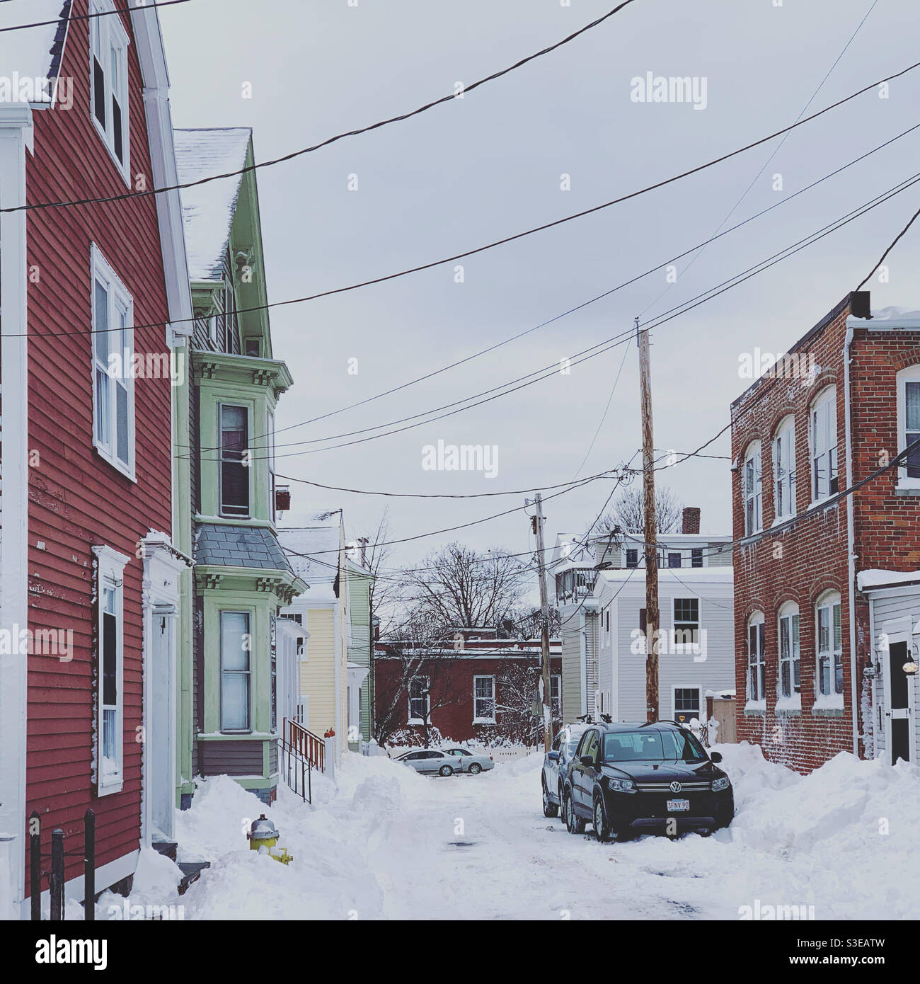 December, 2020, a street following a snowstorm, Salem, Massachusetts, United States - Smartphone Captured Stock Image