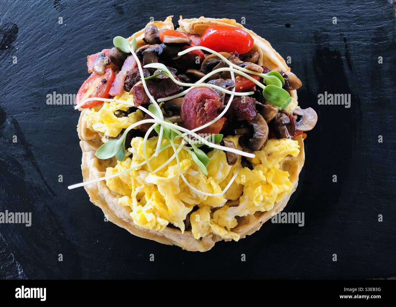 Delicious breakfast of scrambled egg, bacon, mushrooms and tomato served on a waffle - Smartphone Captured Stock Image