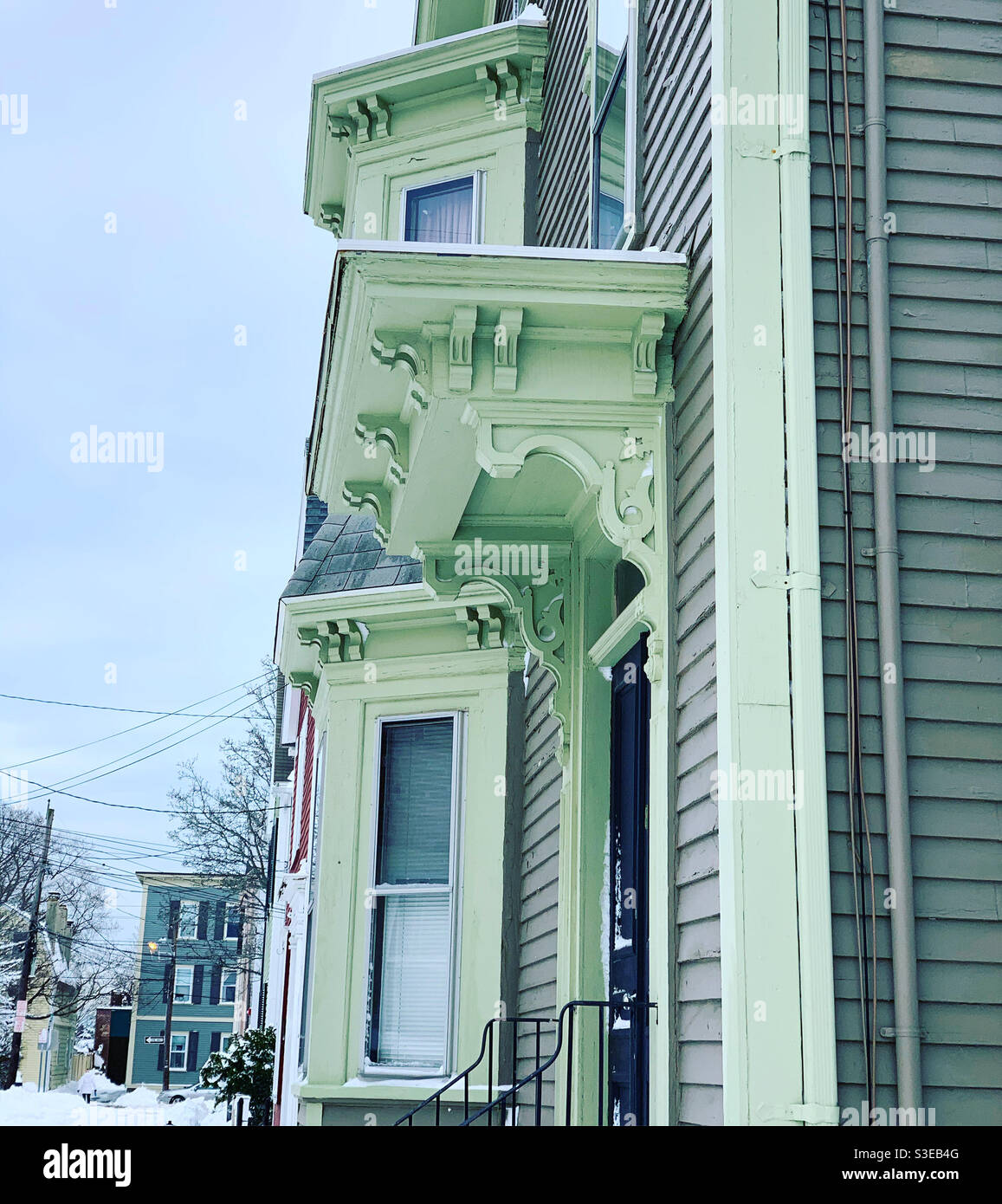 December, 2020, painted woodwork on  a home on Bentley Street, Salem, Massachusetts, United States - Smartphone Captured Stock Image