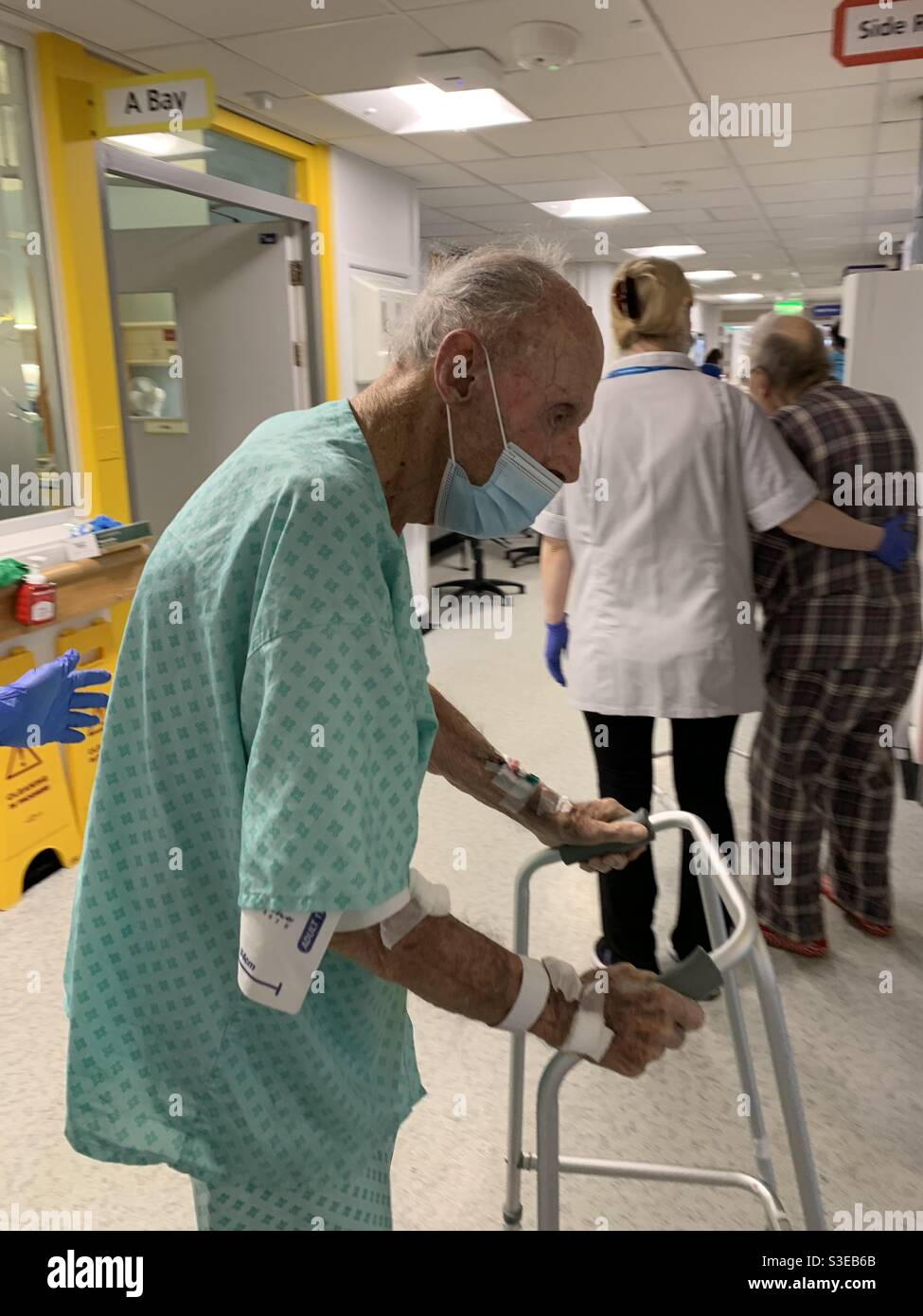 A nonagenarian man of 96 years old wearing a mask walking in a hospital ward with a support zimmer frame for balance Stock Photo