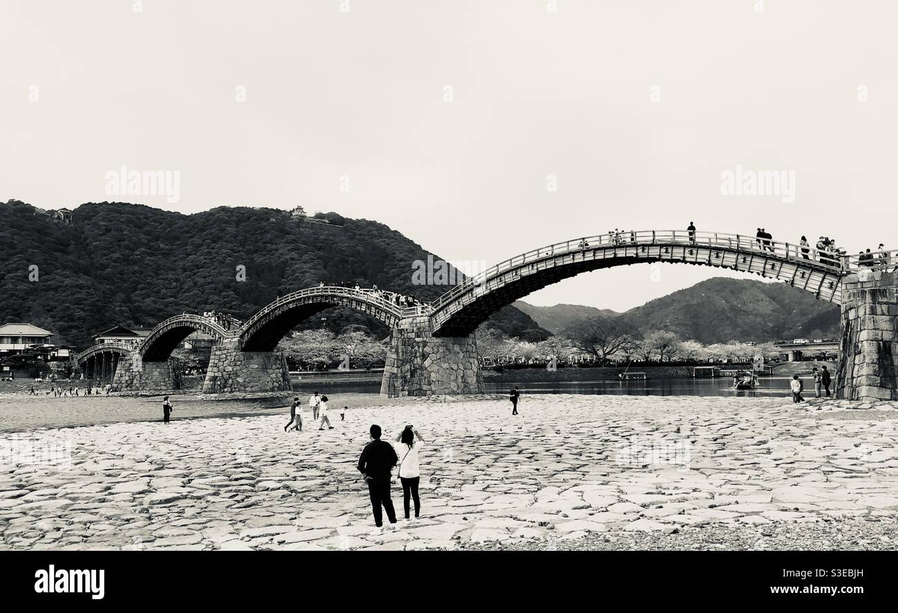 Panoramic view of kintaikyo bridge in Iwakuni City, Yamaguchi prefecture, Japan - Smartphone Captured Stock Image