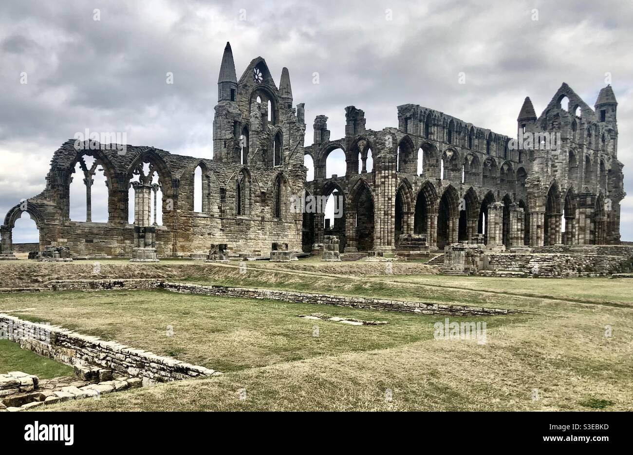 Panoramic view of Whitby abbey, ruined gothic abbey in England Stock
