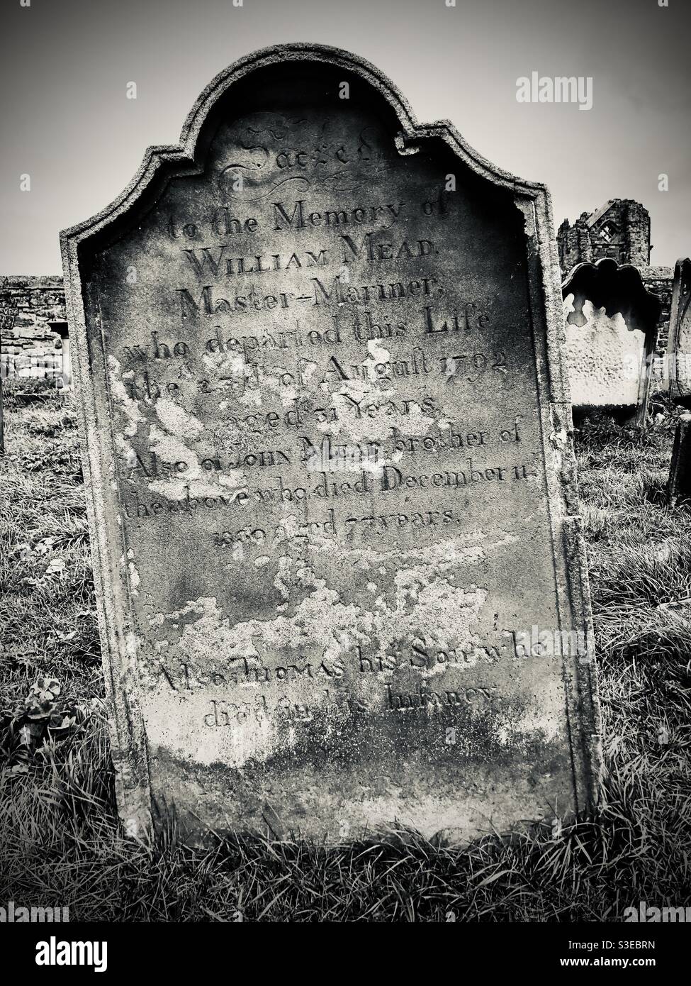 Victorian tombstone at the graveyard of Whitby abbey, setting of